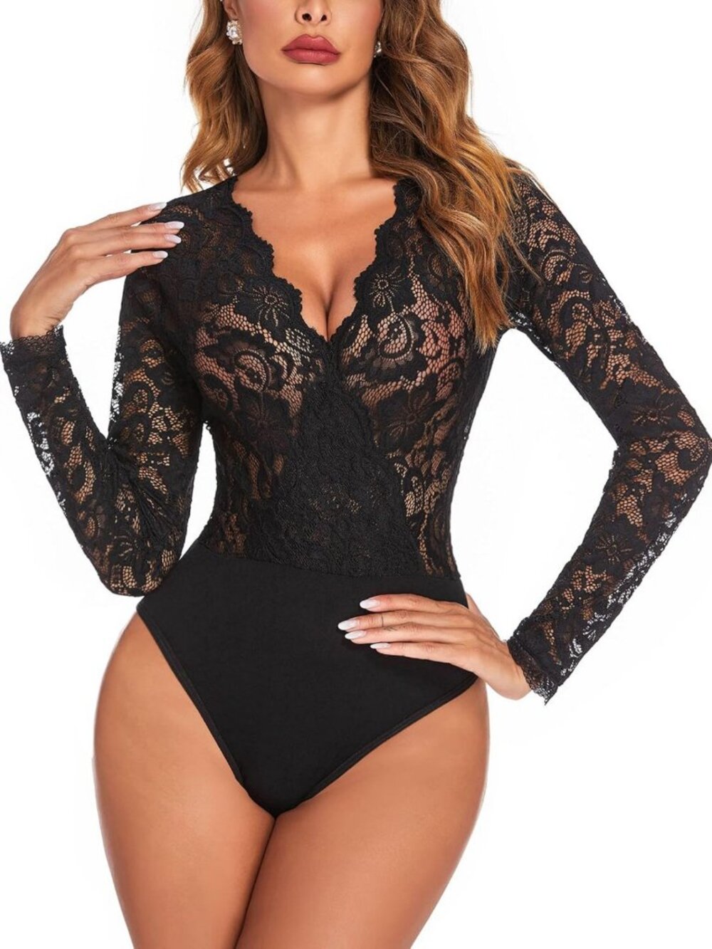 Sexy Lace Bodysuit for Women | Long Sleeve V-Neck Going Out Top